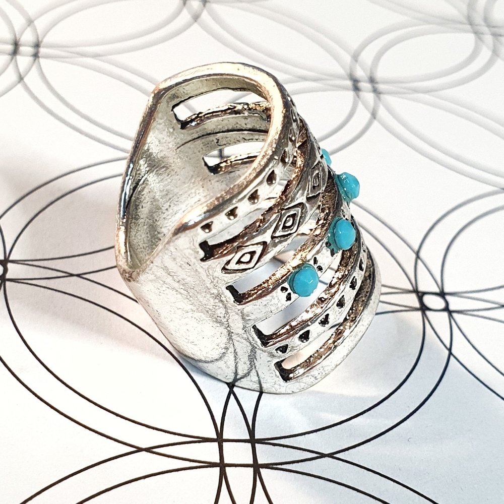 Boho Turqouise 5 Layered Silver Plated Ring - Picture 6 of 10
